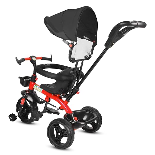 Image of BABY SMILE 4-in-1 Kids Tricycle with Adjustable Canopy, Parent Push Handle, Red and White (RED Black)