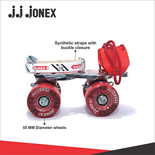 Image of Jonex Unisex Super Tenacity Adjustable Quad Roller Skates for Junior Kids (3-6 Years), Indoor Outdoor Wheels, Metal Body, 55 mm Wheels, Color - Red