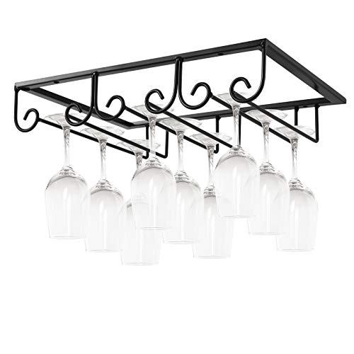 MOCOUM Under Cabinet Wine Glass Rack Stemware Rack Wine Glasses Hanger Rack Wire Wine Glass Holder Storage Hanger for Cabinet Kitchen Bar Black 3 Rows 1 Pack