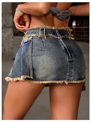 SOLY HUX Women's Y2k Mini Denim Skirt Pleated Asymmetrical Raw Hem Pocket A Line Jean Skirts2