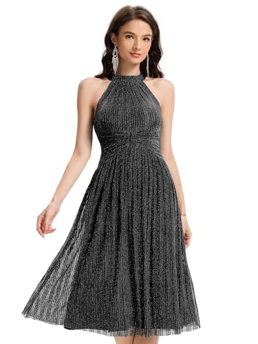 Ever-Pretty Damen Kleider Festlich Neckholder Hochzeitskleider Gast Ärmellos Elegant Abendkleid Midi A Line Schwarz 38