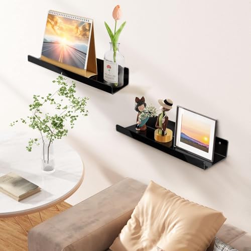 Image of Acrylic Floating Wall Shelves, 15 x 4 x 2.5 in, Clear, Set of 2, Modern Wall Mount Display Shelf (Black, 15, 6)