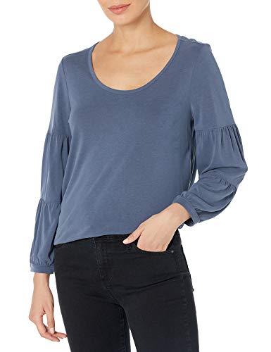 Lucky Brand Women s Balloon Sleeve Scoop Neck Sand Wash Top, Navy, XL