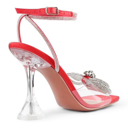 Image of Zzheels Double Bowknots Crystal Clear Heels Strappy Sandals | Clear Slingback Heels, Sparkly Rhinesotne Bow, Square Toe, Party, Dating