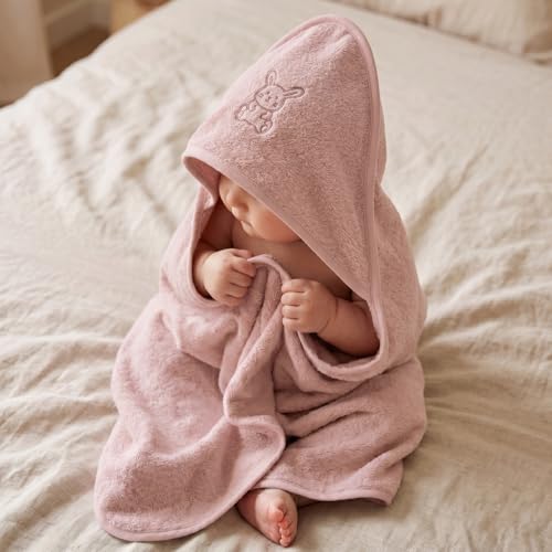 Image of Baby Hooded Towel for Girls (0 - 1.5Years) | Soft Cotton Terry Hooded Towels | Pink Baby Hooded Towel for Newborn & Infant | 70 x 70 cm