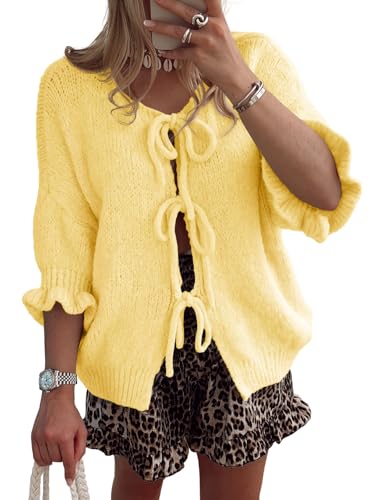 Saodimallsu Womens Tie Front Bow Cardigan Sweaters Lightweight Kn...