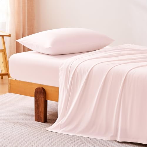 Image of Amazon Basics Cooling Sheets, 3-Piece Bed Sheet Set for Summer, Soft and Breathable for Hot Sleepers, Bedding with 1 Deep Pocket Fitted Sheet, 1 Flat Sheet, and 1 Pillowcase, Twin, Pink