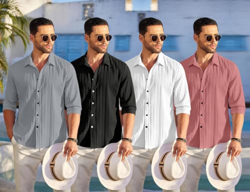 Image of FINIVO FASHION Combo of Men's Casual Cotton Plain Button Down Shirt Long Sleeve Textured Summer Beach Shirt for Men Pack of 4