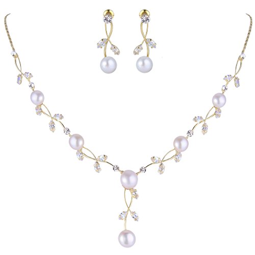 EVER FAITH CZ Crystal Cream Simulated Pearl Floral Vine Filigree Necklace Earrings Set Clear Gold-Tone