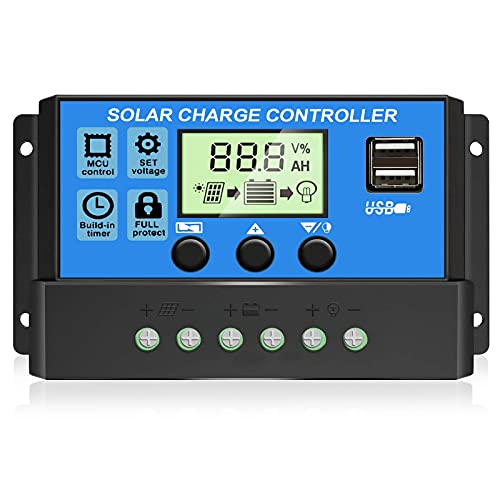 30A Solar Charge Controller, 12V/ 24V Solar Panel Regulator with Adjustable LCD Display Dual USB Port Timer Setting PWM Auto Parameter