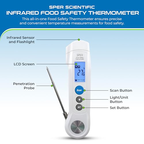 Image of Sper Scientific Dual Function Infrared & Probe Food Safety Thermometer 800115 - Non-Contact Infrared Surface Temperature & Foldable Probe for Internal Temps - Fast & Accurate for Kitchens and Grilling