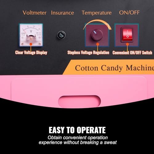 High Power Commercial Cotton Candy Machine, 1000W, Adjustable Temp 149°F-473°F, Fast 6 Cones/Minute, Ideal for Parties & Festivals, Pink