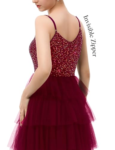 Image of Dressystar 2026 Women's Tiered Sparkly Sequin Glitter Formal Prom Dress Mini Spaghetti Strap Tulle Cocktail Party Dresses