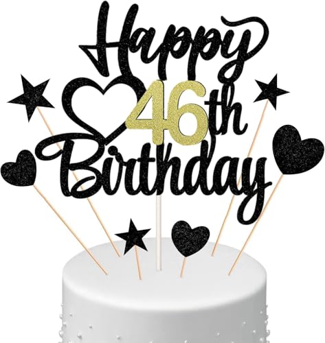 Anlgdi Decoración para tarta de cumpleaños con texto en inglés "Happy Birthday" para 46 cumpleaños, hombre y mujer, decoración para tartas de 46 años, color negro, decoración para tarta de cumpleaños