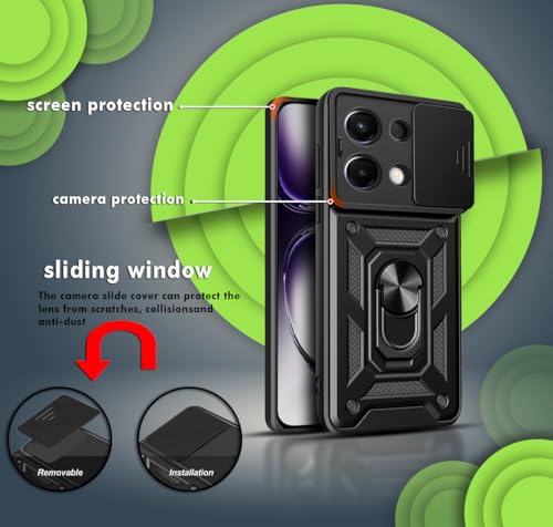 Image of Hupshy Back Cover for Oppo K13 5G | D10 Tough Armor Case | Sliding Camera Shield | 360 Protection | Kickstand Ring Holder | Military-Grade Shockproof Bumper Case (Black)