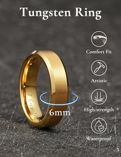 Image of King Will Tungsten Carbide Wedding Band for Men Women-4 /6 /8mm Width 14K Gold Plated Tungsten Wedding Ring Matte Brushed & High Polished Style Comfort Fit Wedding Band Size 6-14