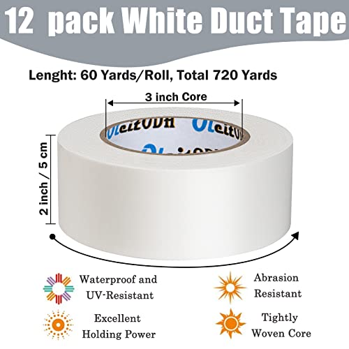 Image of Oleitodh 12 Pack White Duct Tape Heavy Duty,8.3 Mil Thickness,2 Inches x 30 Yards,Strong Industrial Strength,Flexible,No Residue,Waterproof and Tear by Hand,Multi-Use for Indoor & Outdoor Repairs