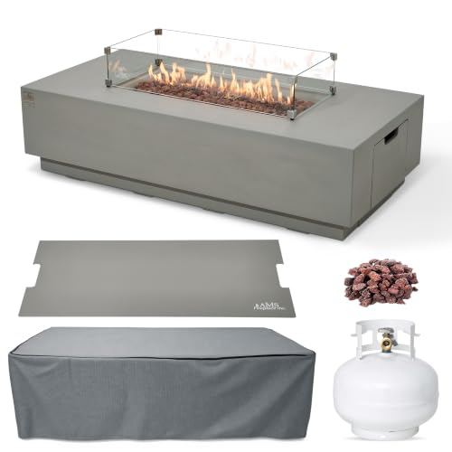 Image of AMS 66 inch Rectangular Concrete Propane Gas Fire Pit Table Bundle, Light Gray