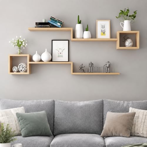 TrixmEsque Estantería Pared de Madera, Baldas Flotantes Modernas con Cubos Geométricos y Repisas Escalonadas, para Libros, Plantas, Fotos en Salón, Dormitorio, Oficina Natural Wood (2-Tier) 47'
