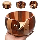 Wooden Yarn Bowl with Bamboo Crochet Hooks & Holes, Knitting Accessories DIY Hand Craft Yarn Storage...