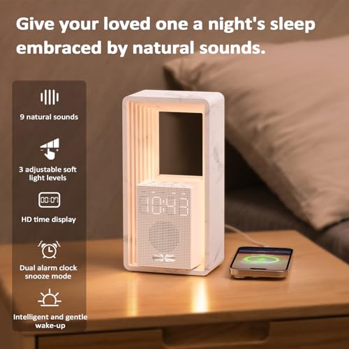 Digitaler Wecker mit Sonnenaufgangssimulation, Nachtlicht, 9 Einschlafhilfe-Sounds, dimmbares Display, automatischer Abschalt-Timer, USB-Ladeanschluss