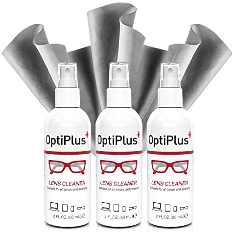 OptiPlus Lens Cleaner | Spray Kit Suitable for Cleaning Eyeglasses, Reading Glasses, Sunglasses, Goggles, Shields and All Lens Types | Premium Microfiber Cleaning Cloth 6oz. (3 Pack) Cover