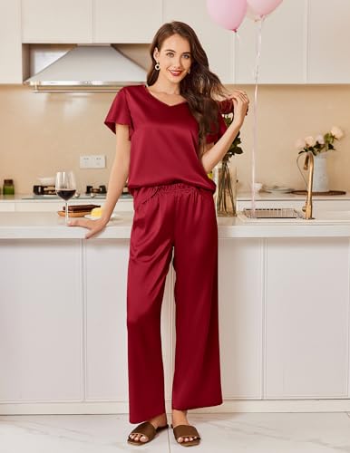 Image of Ekouaer Women's Satin Silky Pajama Set 2 Piece Short Sleeve Shirt with Long Pants Pjs Sets Soft PJ Loungewear S-XXL