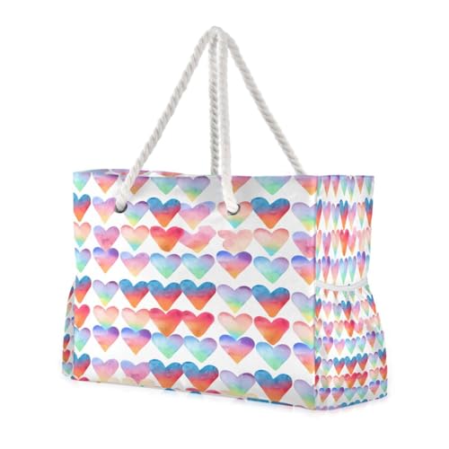 Colorful Heart Beach Tote Bag for Women Large Pool Bags Carry On Bag With Wet Compartment for Beach Travel with Pocket Zipper Outdoor Tote Bag