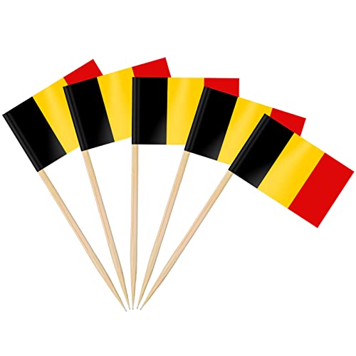 AhfuLife 100 Stück Belgien Zahnstocher Flaggen, Belgische Deko Fahne Klein Mini Zahnstocher für 2024 EM Euro Eurovision Song Contest Olympische Cupcake Topper Toothpick Cocktail Partydeko Pub Deko