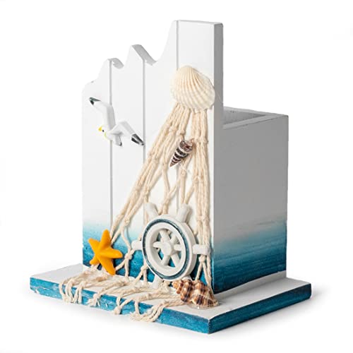Pen Holder - Sailing Themed Pencil Organizers Wooden Desk Decor for Office 1 Pack Nautical Rudder Supplies Pen Container Mediterranean Style
