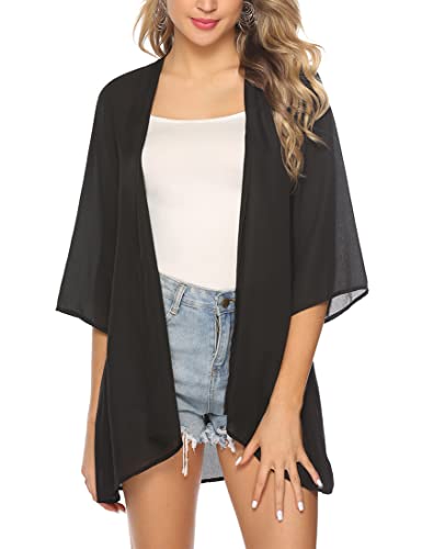 Aottori Kimono Cardigan Femme Été Mousseline de Soie Gilet Plage à Manches 3/4 Bohème Outwear Pareo Tops Châle Cover 2# Noir Pur XL