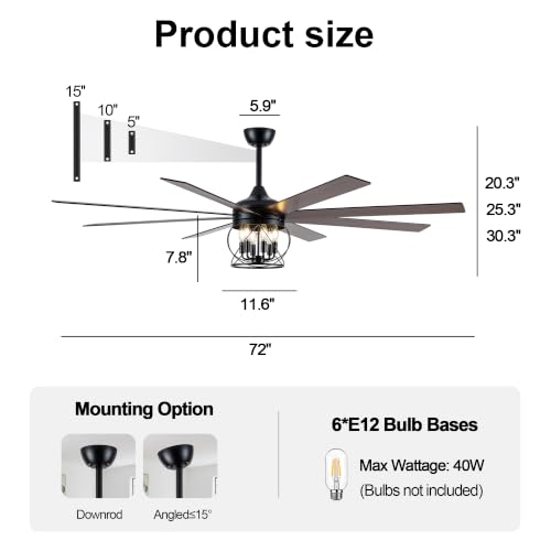 Image of 72 Inch Farmhouse Ceiling Fan with Lights Rustic Ceiling Fan | Remote Control, Rustic Black Caged Fandelier, Industrial Large Chandelier, 3 Downrods for Living Room Indoor Covered Porch