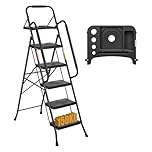 BONTEC 5 Step Ladder Folding, Heavy Duty Foldable Step Stool with Wide Anti-Slip Pedals, Sponge Handrail, Detachable Tool Tray, Black Portable Household Ladder, Compact Indoor Outdoor Metal Step Stool