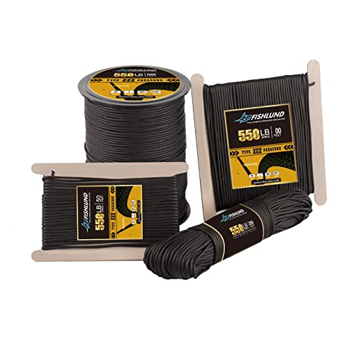 FISHLUND Paracord 550 libras, cuerda de paracaídas tipo III de 7 hebras de 76 m, cuerda de paracaídas de nailon de alta resistencia para camping, supervivencia, táctica y senderismo, color negro