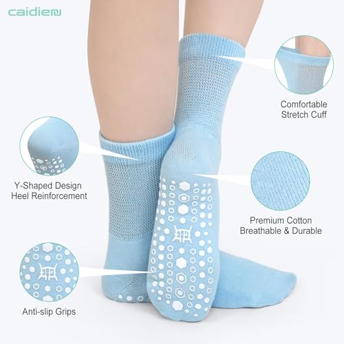 Image of CaiDieNu Non Slip Socks for Women: Non Skid Grip Socks for Elderly Hospital | Non Binding Grippy Crew Slipper Socks for Pregnant & Daily Wear, Wide Grippers Prevent Falls, Great Gifts for Seniors 5 Pairs