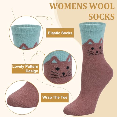 Image of 5 Pairs Wool Socks for Women, Winter Warm Cute Cat Crew Socks