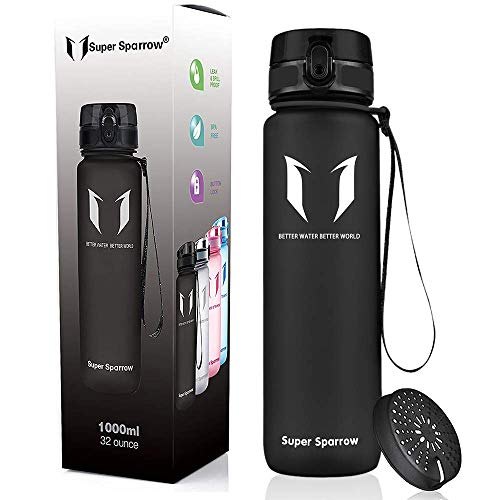 Super Sparrow Sports Water Bottle - Eco Friendly & BPA-Free Plastic - Fast Water Flow, Flip Top, Opens with 1-Click - Reusable with Leak-Proof Lid (Black, 350ml-12oz)