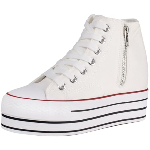 wealsex Baskets Montantes Compensées pour Femme en Toile Dentelle et Fermeture Éclair Chaussures à Semelle Cachée Confortable et Élégant (Blanc,40)