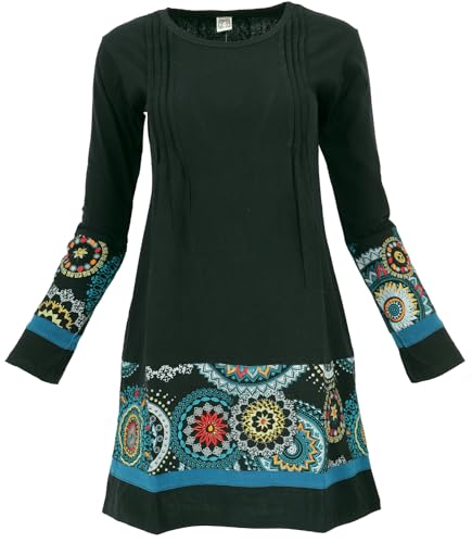 GURU SHOP Baumwoll Minikleid Boho Chic, Langarm Tunika - Schwarz/blau, Damen, Baumwolle, Size:S