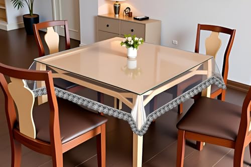 Image of The Furnishing Tree Square Shaped 4 Seater Transparent Table Cover Size 54x54 inches 0.25 mm Thickness with Silver Lace