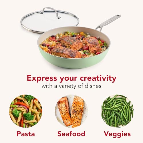 Image of KitchenAid Hard Anodized Ceramic Induction Nonstick Cookware Frying Pan /Skillet with Lid, Dishwasher Safe, 12.25 Inch Non Stick Fry Pan with Stainless Steel Handle - Pistachio