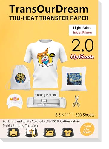 Image of TransOurDream Heat Transfer Paper for Light Shirts(500 Sheets, 8.5x11),Printable HTV Heat Transfer Vinyl for Inkjet Printers