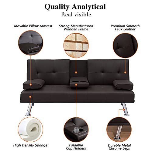 Dklgg Modern Futon Sofa Bed, Faux Leather Upholstered Sofa Couch, Convertible Sleeper Sofa With Removable Armrests 2 Cup Holders Couch Sofa Sleeper For Small Space, Home, Living Room, Apartment #TOP6