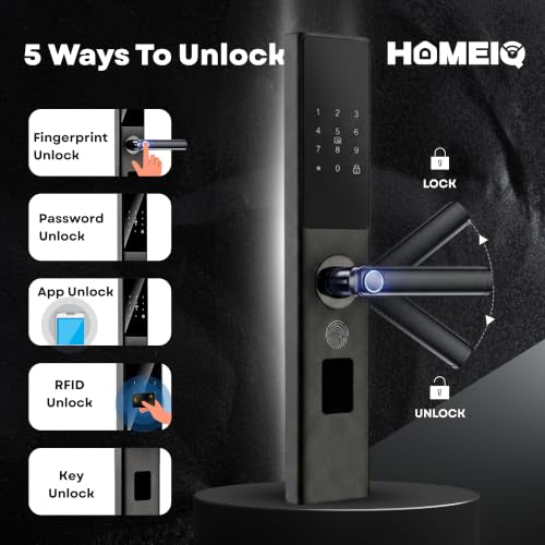 Image of Smart Fingerprint Door Lock with Handle, 5-in-1 Keyless Entry Door Lock, Fingerprint, Password, RFID Card, Mobile App & Mechanical Key, Smart Digital Lock for Wooden Doors, Black