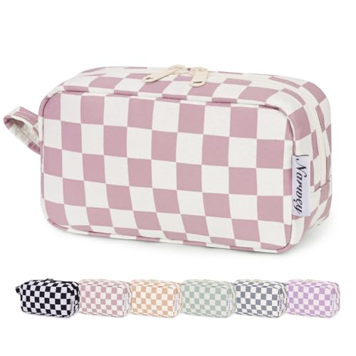 Image of Narwey Cute Checkered Makeup Bag with Organized Pockets for Women - Dusty Rose Checkerboard, Zipper Pouch, Mini Travel Makeup Pouch
