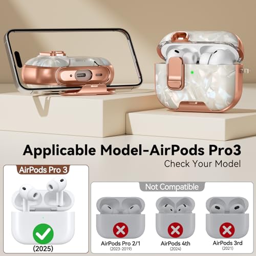 Image of for AirPods Pro 3 Case 2025 with Safety Lock-Beige Luxury Pearl | As Phone Stand, for Women Girly, with Keychain & Cleaner Kit,Two-Piece Design,Support Wireless Charging,Clear TPU+PC Material