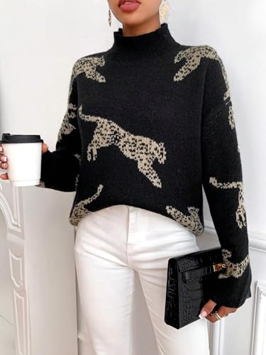 Image of ZAFUL Flower Crochet Turtleneck Sweater for Women Pullover Puff Long Sleeve Boho Knit Sweaters Trendy Knitwear Tops
