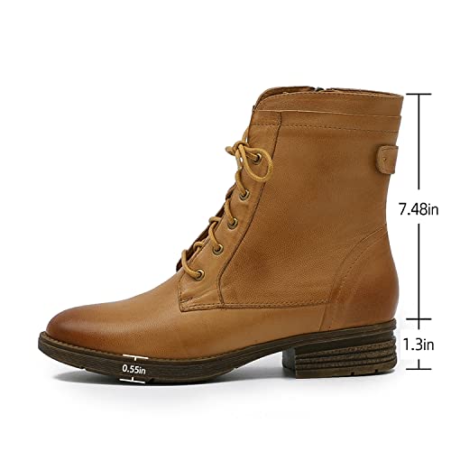 Mona flying Women's Combat Boots Mid Calf Side Zipper Fashion Lace up Soft Leather Booties Low Heel2