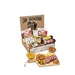 Dan the Sausageman Sounder Gourmet 11 item Snacks Gift Box, Featuring Summer Sausage Beef, Vintage Swiss & Cheddar Cheese, Sweet & Hot Mustard, Pretzels, Addiction Granola, & Garlic Olives, Almond Roca