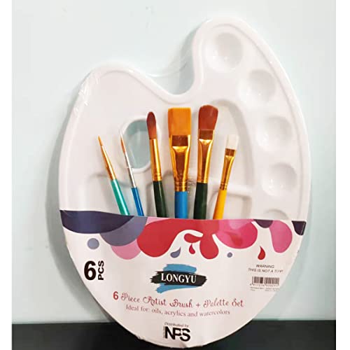 7 Pack Paint Brush Set With 6 Brushes W/Bonus 1 Palette Plastic Tray For Painting With Oil, Watercolor, Artist Gift, Classroom Supplies, Kids Birthday Art #TOP2